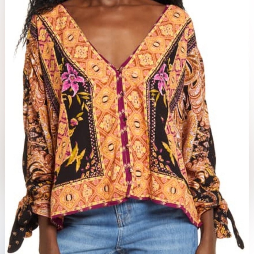FREE PEOPLE CATCH ME IF YOU CAN ORANGE PINK BLACK TOP SZ M
